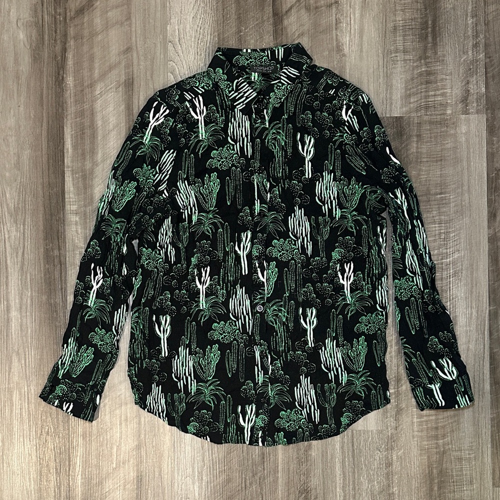 Topshop Black and Green Botanical Cactus Print Button Down Blouse - 4
